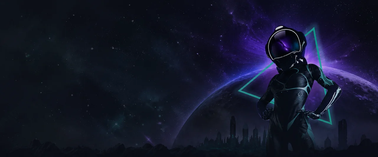 Astronaut floating in deep space beside the Stellar Spins galaxy