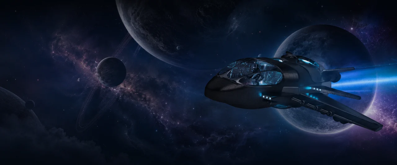 Stellar Spins cruiser approaching a ringed planet in deep space