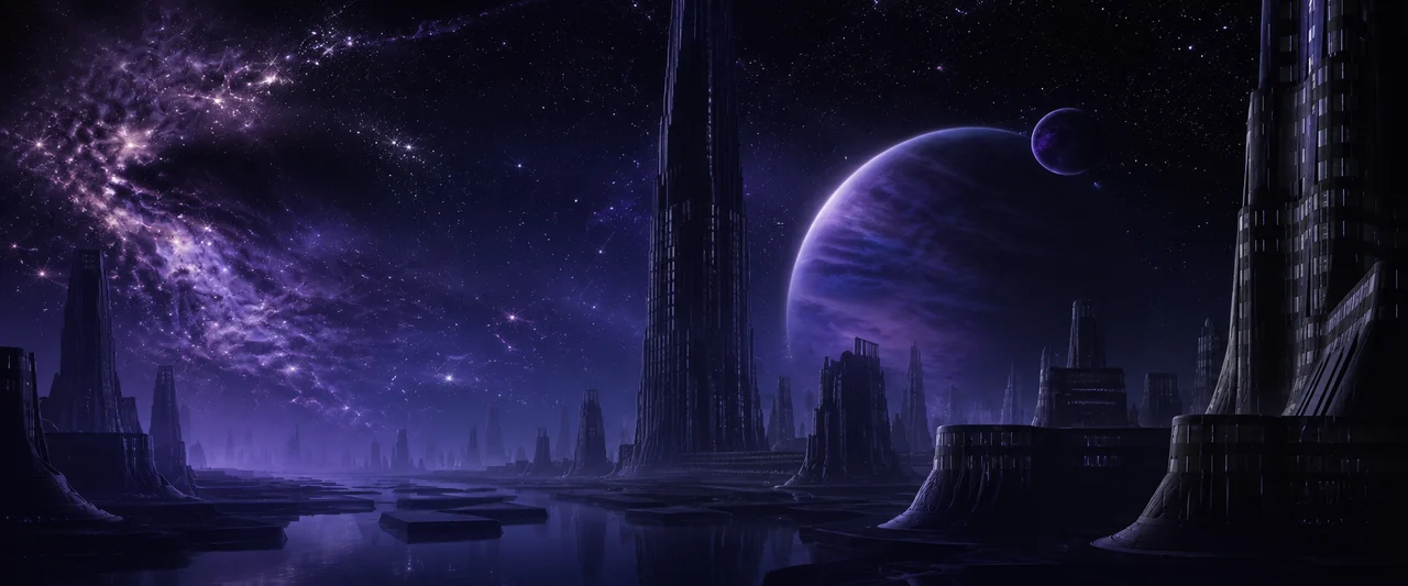 Neon alien city skyline glowing under a Stellar Spins galaxy